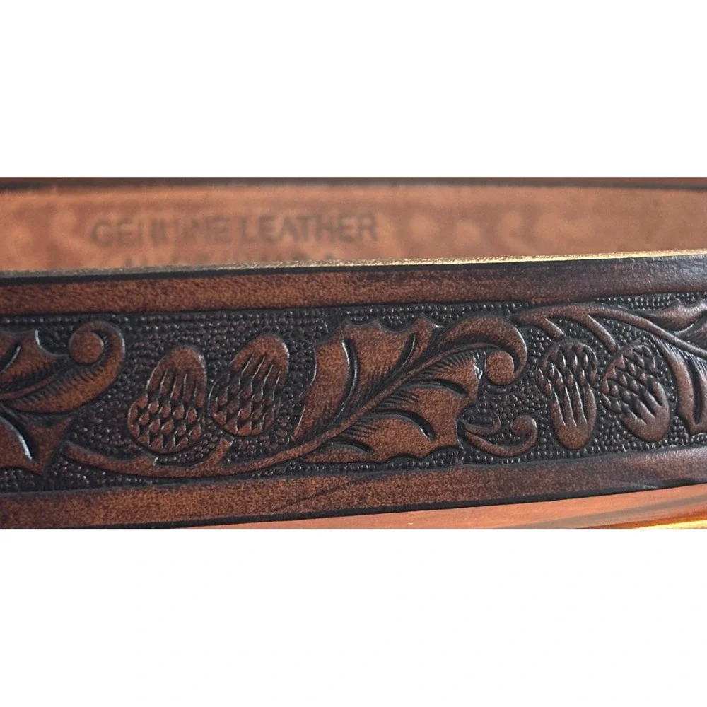 Tandy Leather Mens Brown Tooled Floral Acorn Belt Made in USA Size 40 Western